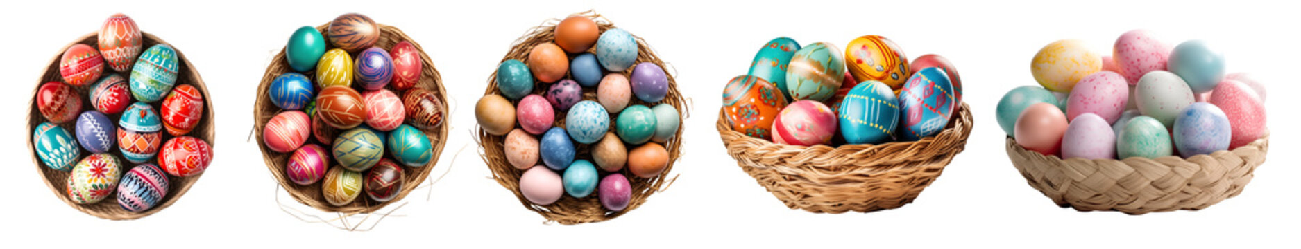Top and Side view of Collection set of basket of colourful hand painted decorated easter eggs on transparent background cutout, PNG file. Many different design. Mockup template for artwork design