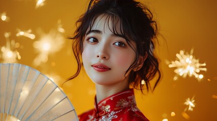 Vibrant celebration as a girl in a red dress welcomes the Chinese New Year with joy. Festive imagery radiating warmth and cultural richness. Ideal for diverse visual projects.