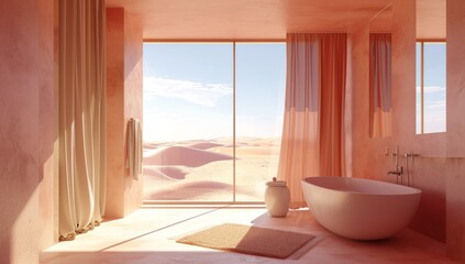 abstract landscape on a bathroom room, minimal style and furniture, alarge window and the desert outside, peace and calm pink and beige color palette