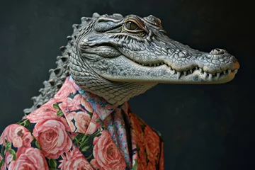 Gartenposter studio portrait of an elegant lord crocodile with a flower jacket, dark background © aledesun