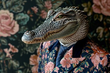 Obraz premium studio portrait of an elegant lord crocodile with a flower jacket, dark background