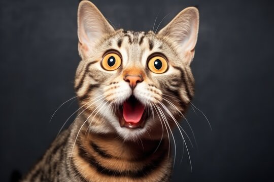 Happy surprised cat with open mouth.