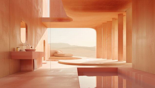 Fototapeta abstract landscape on a bathroom room, minimal style and furniture, alarge window and the desert outside, peace and calm pink and beige color palette