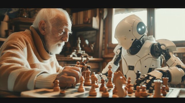 Companionship, Elderly Person and Humanoid Robot Enjoying a Chess Game