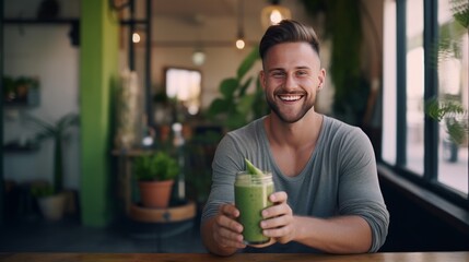 smiling young man drinking detox smoothie in cafe