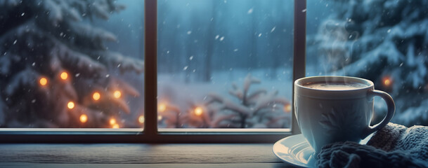 Cup of Coffee sitting on a window Ledge with a snowy wintry view