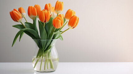 Orange and white tulips in a glass vase - obrazy, fototapety, plakaty