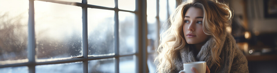 A woman enjoying a Coffee looking out of the window on a cold day