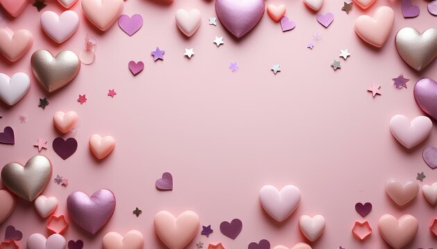 valentine background with hearts. pink and white hearts on pink background top view. hearts border with confetti for valentine's day