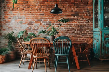 Dining table and chairs near terra cotta brick wall. Eclectic or bohemian style interior design of...