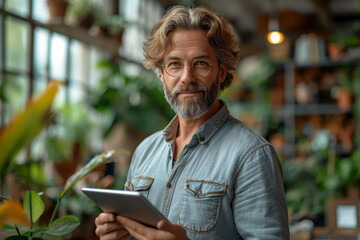Obraz premium middle-aged man with glasses and a tablet in his hands, a man in an office with lots of flowers