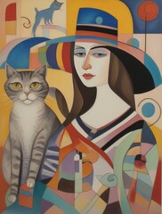 Girl with cat painting wall art