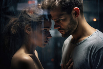 Naklejka premium sad man next to a woman, water stains on transparent glass