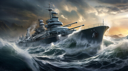 A battleship enduring extreme weather, with waves crashing over the deck.
