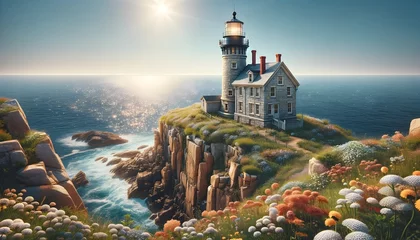 Gordijnen A photo-realistic image of a historic stone lighthouse on a cliff with wildflowers, overlooking a sparkling ocean, clear day.  © Rick