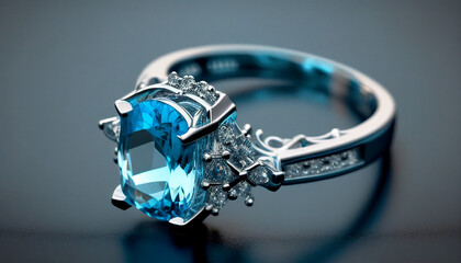 An engagement wedding ring with aquamarine-blue sapphire and diamonds minimalist background, Ai generated image - obrazy, fototapety, plakaty