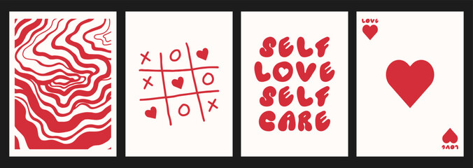 Set of Groovy Lovely Posters, Backrounds, Patterns. Love Concept. Happy Valentine`s Day.
