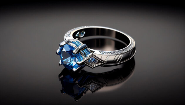 An engagement wedding ring with aquamarine-blue sapphire and diamonds minimalist background, Ai generated image