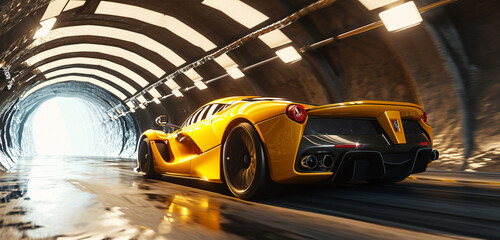 A bright yellow supercar emerging from a tunnel, the light casting dynamic shadows