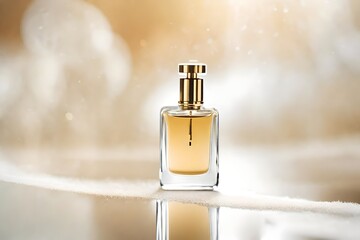 classy and delicate perfume presentation  , white sparkles and golden details
