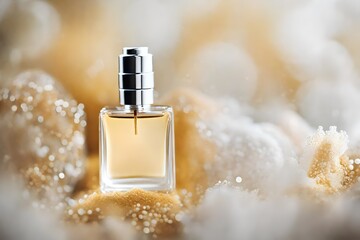 classy and delicate perfume presentation  , white sparkles and golden details