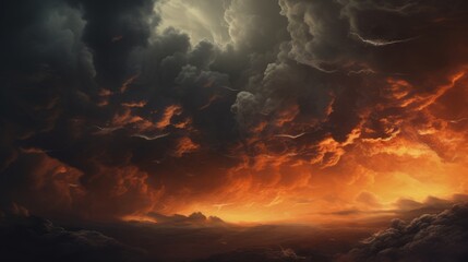 dramatic huge clouds of thunderstorm on sky with sunset