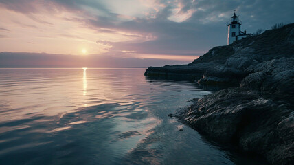 A broad vista of a calm bay with a lighthouse on the shore at dusk