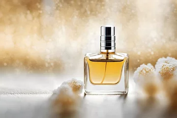 Fotobehang classy and delicate perfume presentation  , white sparkles and golden details , blurry background © eric