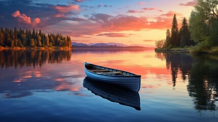 A peaceful sunset scene on a calm lake with reflections and a rowing boat