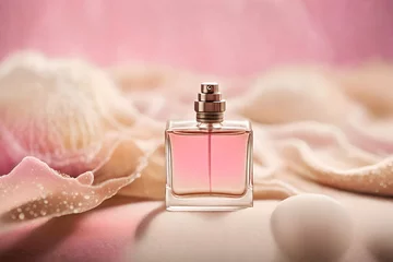 Fotobehang classy and delicate pink perfume presentation , soft fabric and smooth bokeh bakcground © eric