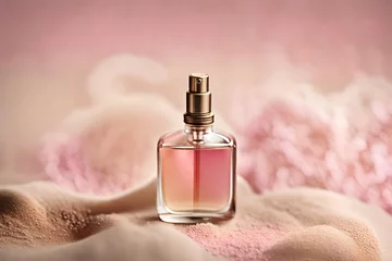Fotobehang classy and delicate pink perfume presentation , soft fabric and smooth bokeh bakcground © eric