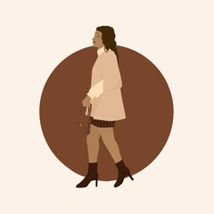 Illustration of a white woman in the street with a nude coat and brown bag