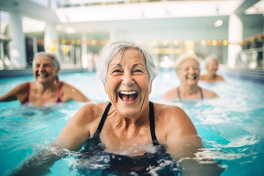 Group of older ladies doing aquagym in the pool. Close-up. Concept health, lifestyle