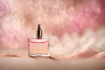 Fotobehang classy and delicate pink perfume presentation , pink dye pigments powder , feminine cosmetics © eric