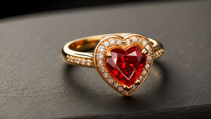 Beautiful gold ring with a red diamond in the shape of a heart rich