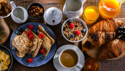 Breakfast served with coffee, eggs, cereals nd croissants