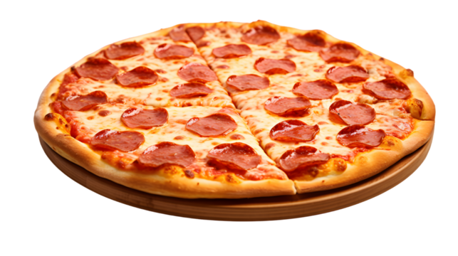 Pepperoni pizza top view isolated on transparent background