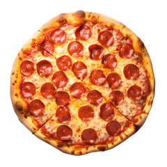 Pepperoni pizza top view isolated on transparent background