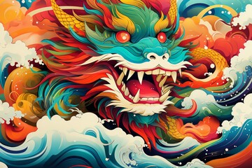 a colorful close-up macro drawing of an angry monster resembling a wolf or a dragon with sharp teeth and scary eyes