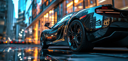 A chrome-plated supercar reflected in a glass skyscraper, cityscape in the background - obrazy, fototapety, plakaty