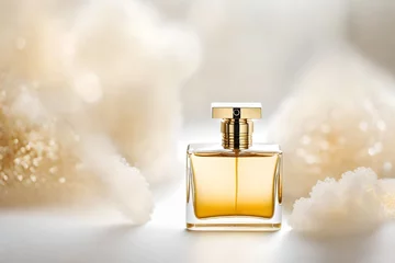 Fotobehang classy and delicate perfume presentation , white and golden  shiny background © eric