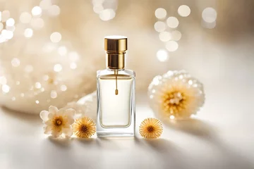Fotobehang classy and delicate perfume presentation , white and golden  shiny background © eric