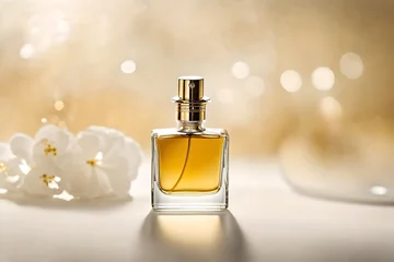 Fotobehang precious and delicate perfume presentation , white and golden  shiny background © eric
