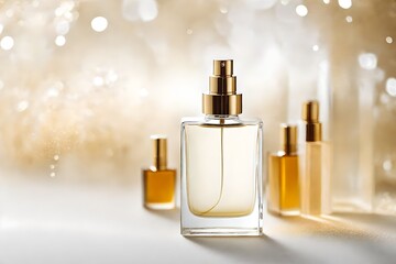 Naklejka premium precious and delicate perfume presentation , white and golden shiny background