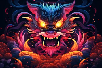 a colorful close-up macro drawing illustration of an angry led shinning monster dragon with sharp teeth and scary eye representing the chinese lunar new year