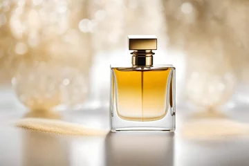 Fotobehang yellow perfume spray flacon in  bright and shiny  blurry background , luxury and delicate cosmetics branding © eric