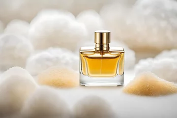 Fotobehang yellow perfume spray flacon in  bright and shiny  blurry background , luxury and delicate cosmetics branding © eric
