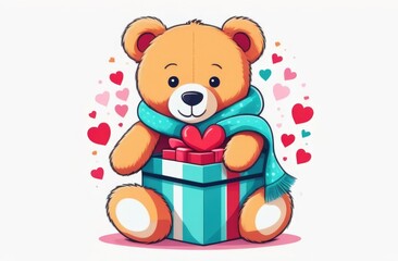Teddy bear is holding blue gift box on white background