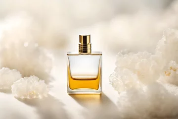 Fotobehang perfume spray flacon in  bright and shiny and  blurry white background , luxury and delicate cosmetics branding © eric