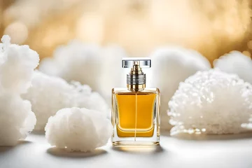Fotobehang perfume spray flacon in  bright and shiny  blurry background , luxury and delicate cosmetics branding © eric